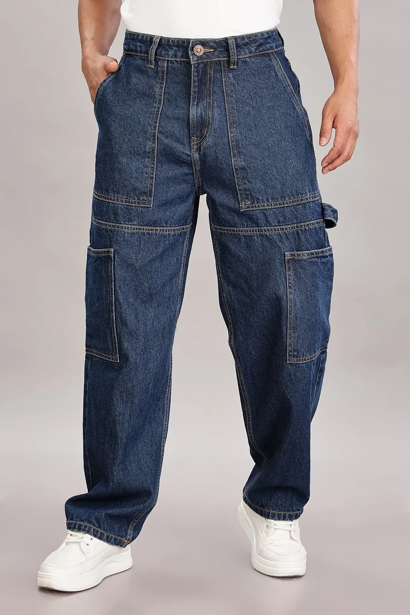 inkd Men's Carpenter Baggy Jeans – Mid-Rise | 100% Cotton | Contrast Stitch| 6 Pocket Styling | Baggy Jeans for Man | Loose fit & Comfortable